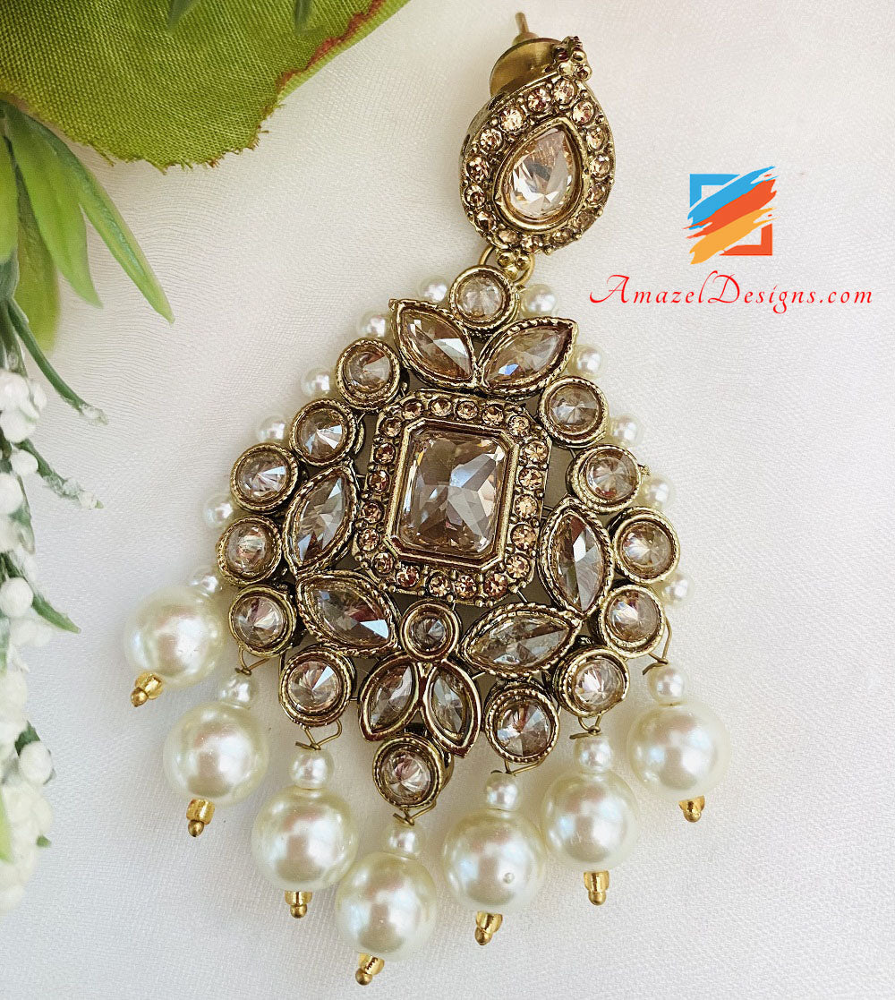 Collana da sposa Polki Champagne con orecchini girocollo Set Tikka Passa e Nath