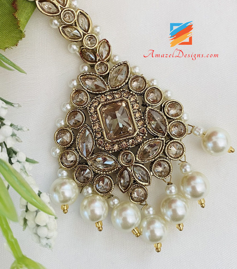 Collana da sposa Polki Champagne con orecchini girocollo Set Tikka Passa e Nath