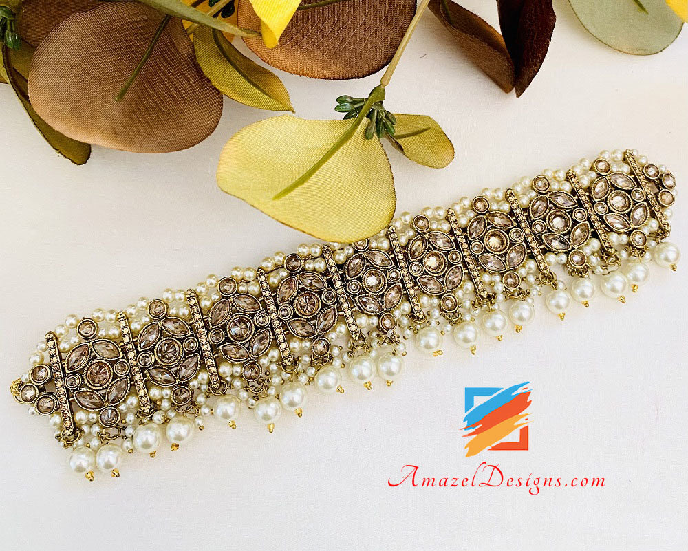Collana da sposa con polki e pietre champagne con orecchini girocollo Tikka Jhumer Nath Set