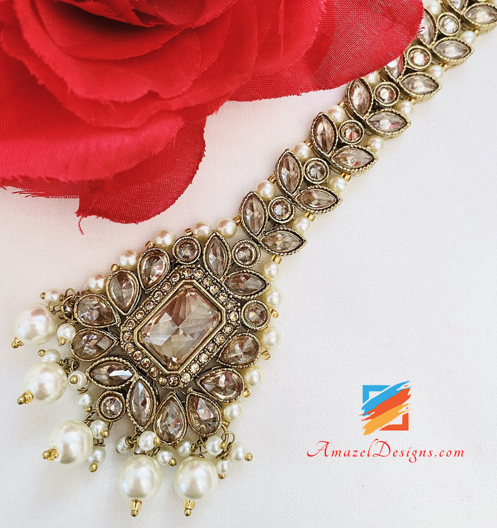 Collana da sposa con polki e pietre champagne con orecchini girocollo Tikka Jhumer Nath Set