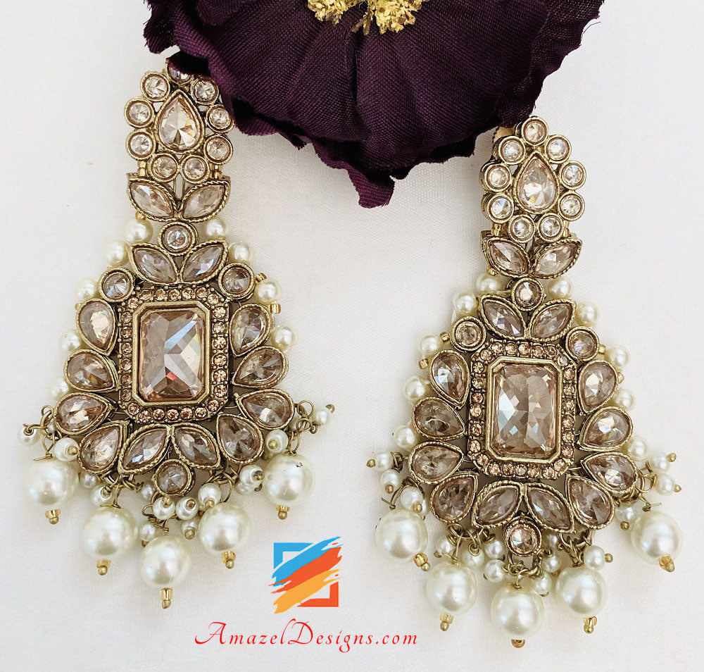 Collana da sposa con polki e pietre champagne con orecchini girocollo Tikka Jhumer Nath Set