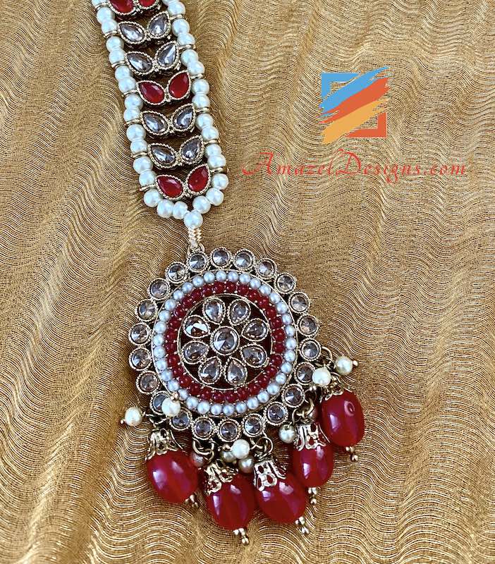 Red Bridal Polki Set with Jhumki and Tikka Set