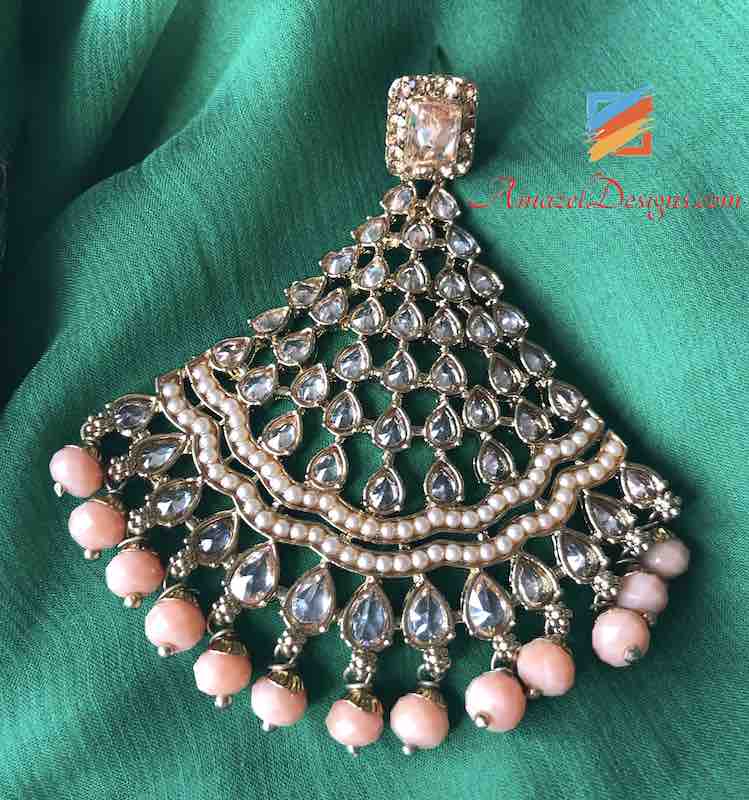 Champage Color Polki With Peach Beads Earring Tikka Set