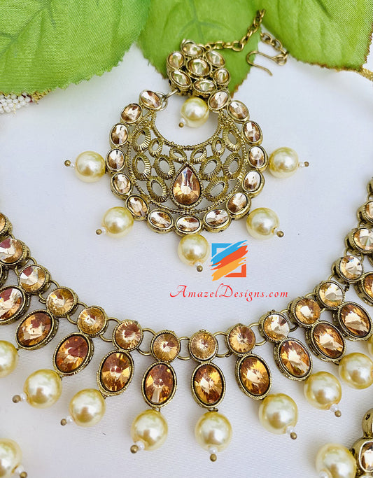 Champagne Color Light Weight Off-White Beads Necklace Set