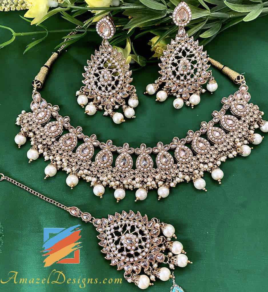 Champagne Color Necklace with Earring Tikka Set
