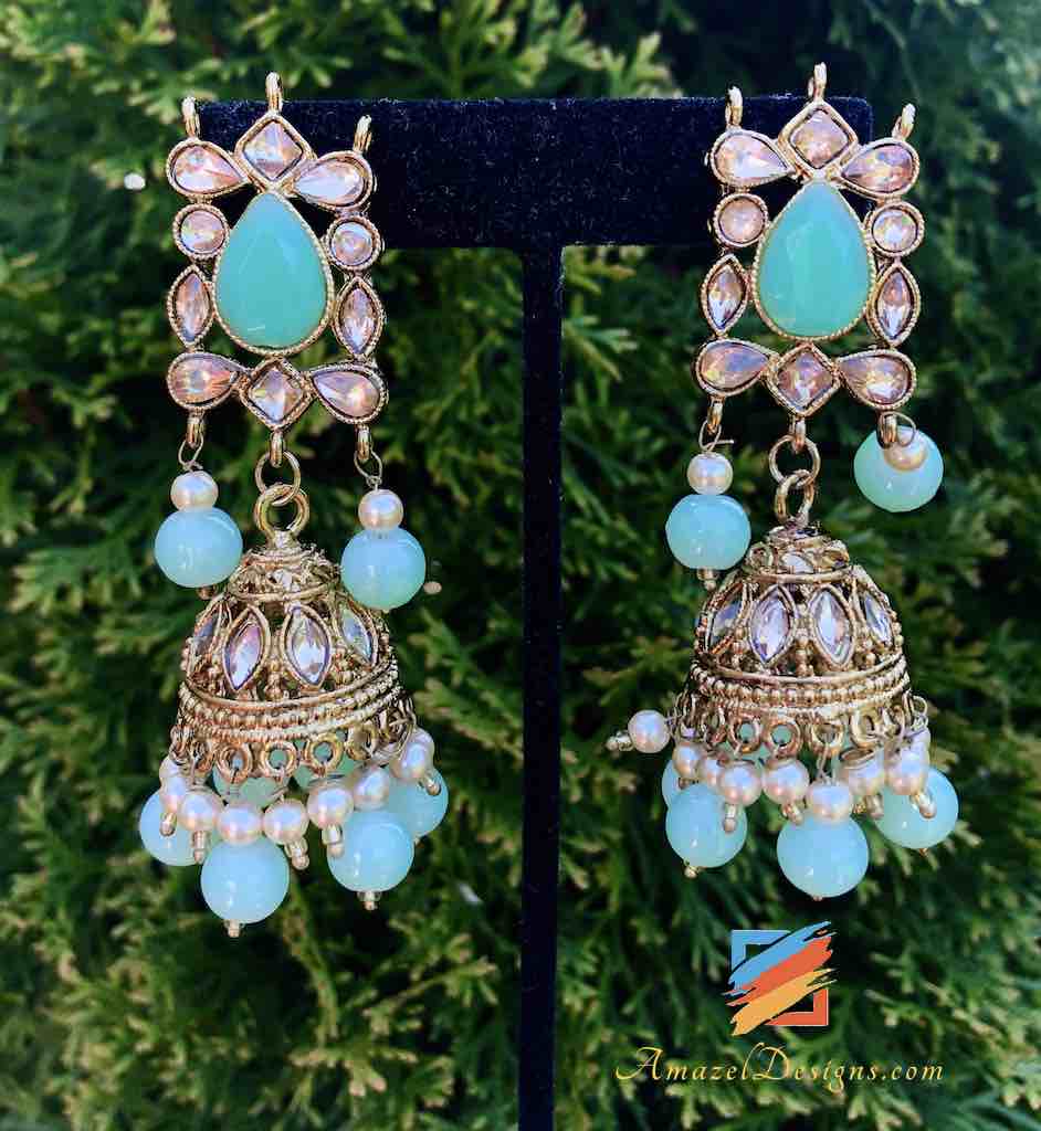 Collana color champagne con pietre e perline Seagreen Orecchini Jhumki Set Tikka