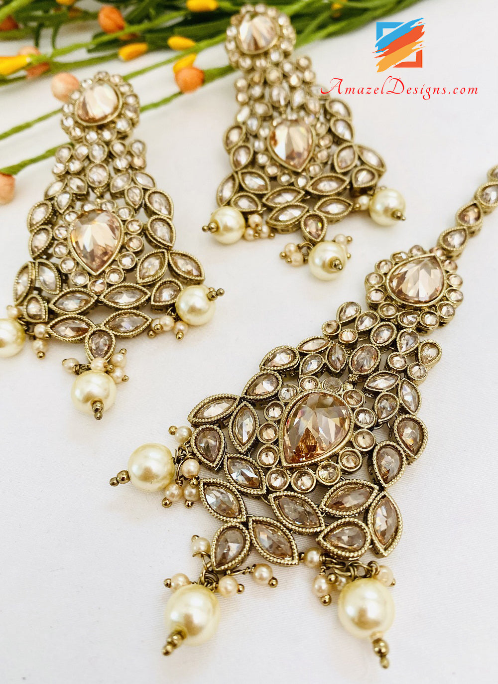 Champagne Color with Cream Beads Earrings Tikka set