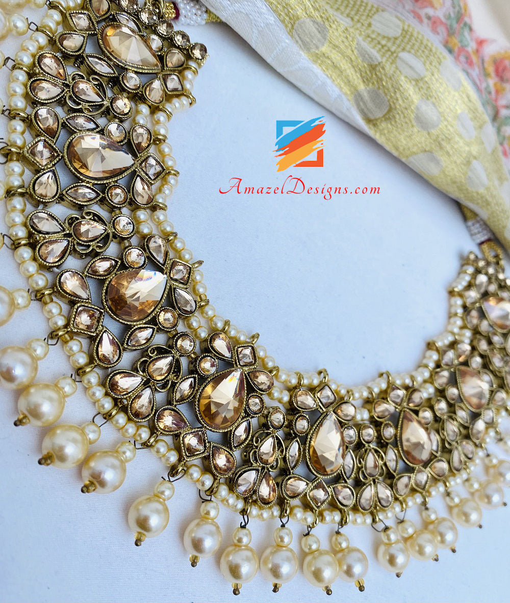 Champagne Flexible Necklace Jhumki Earrings Tikka Set