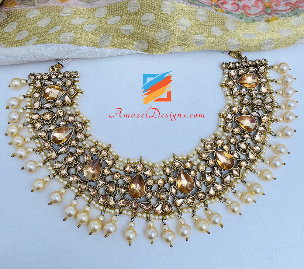 Champagne Flexible Necklace Jhumki Earrings Tikka Set