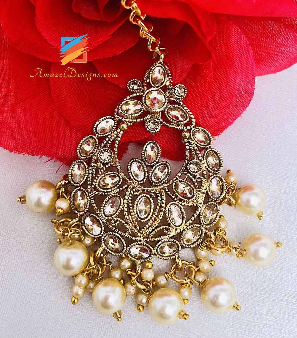 Champagne Antique Choker Necklace Earrings Tikka Set