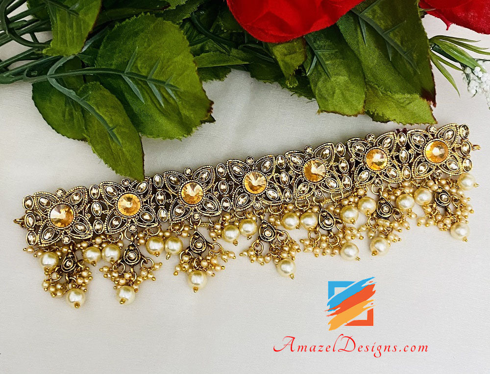 Champagne Antique Choker Necklace Earrings Tikka Set