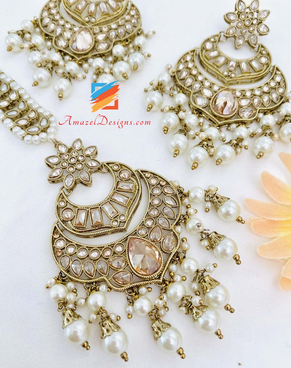 Champagne High Quality Polki Monalisa Necklace Earrings Tikka Set