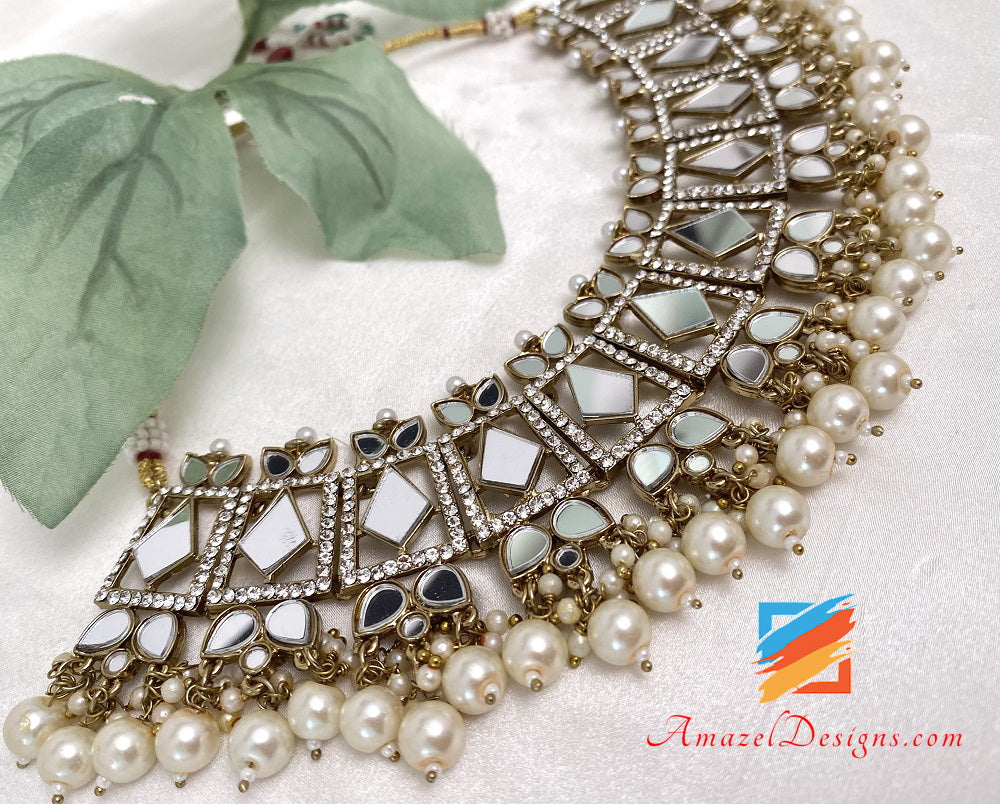 Champagner Spiegel Halskette Ohrringe Tikka Set