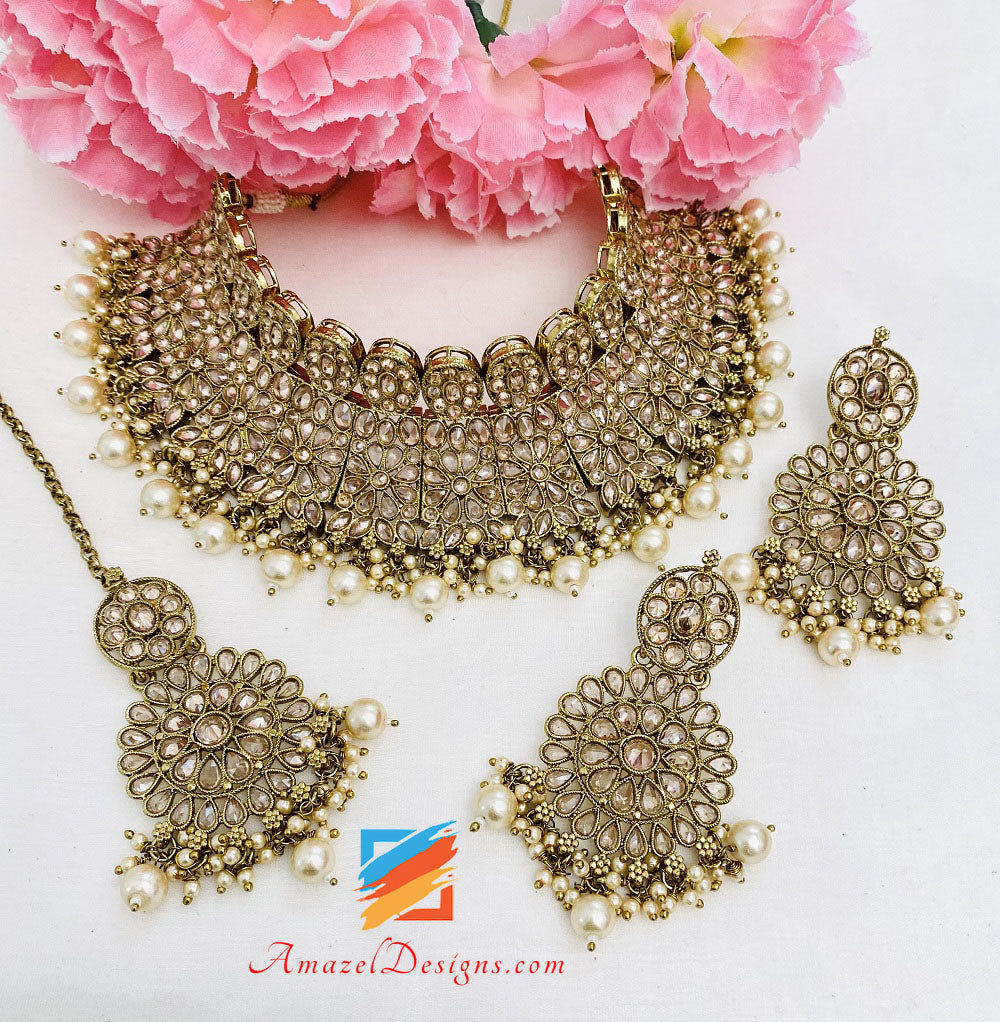Champagne Polki Girocollo Collana Orecchini Tikka Set