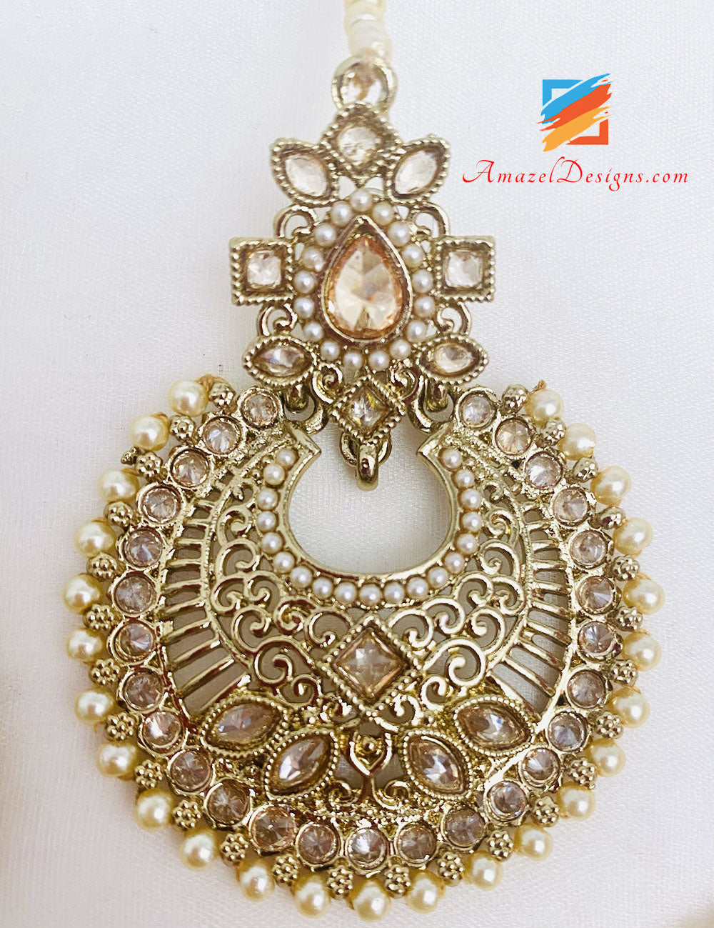 Champagne Polki Cream Beads Sahara Earrings Tikka Set