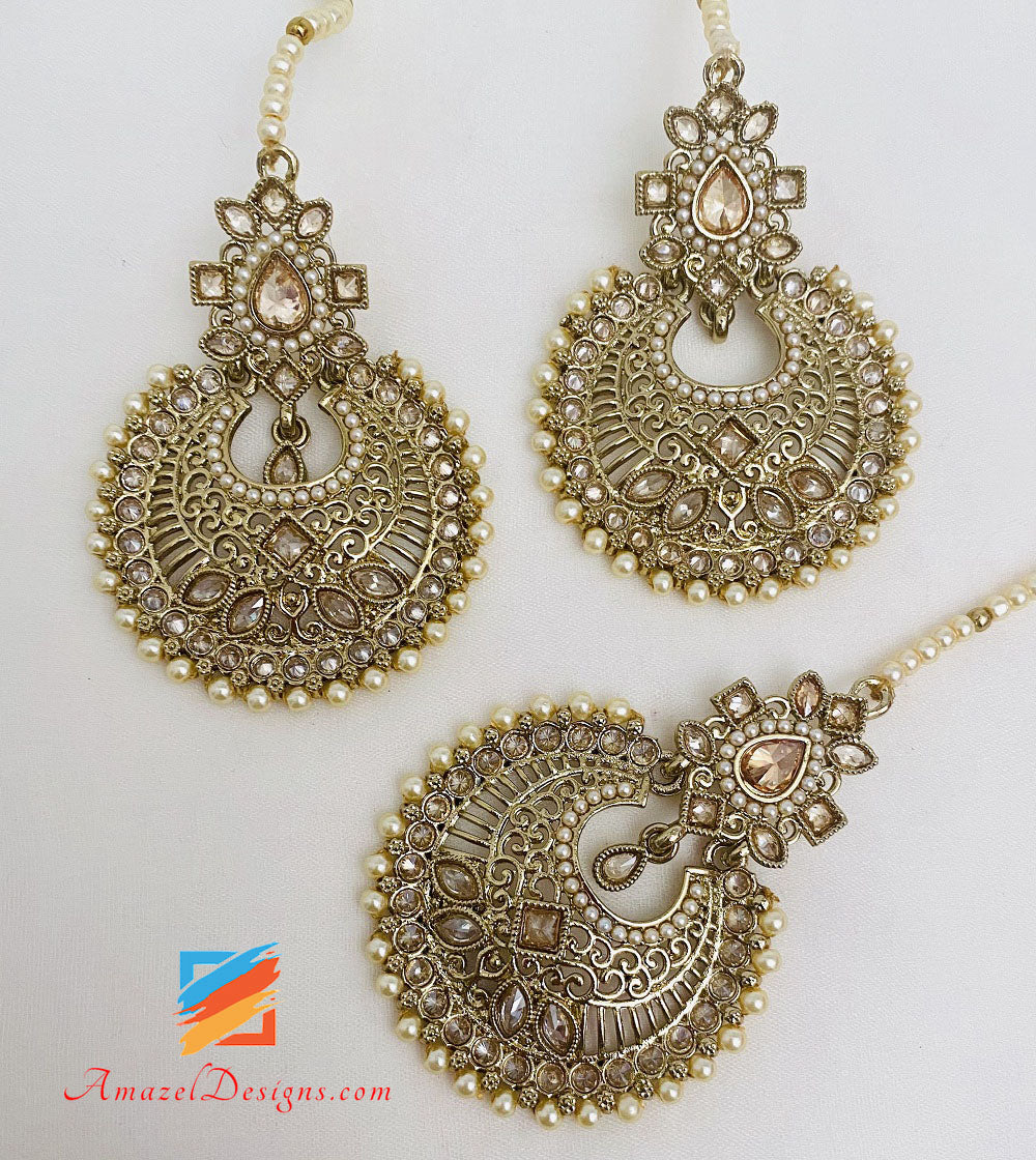 Champagne Polki Cream Beads Sahara Earrings Tikka Set
