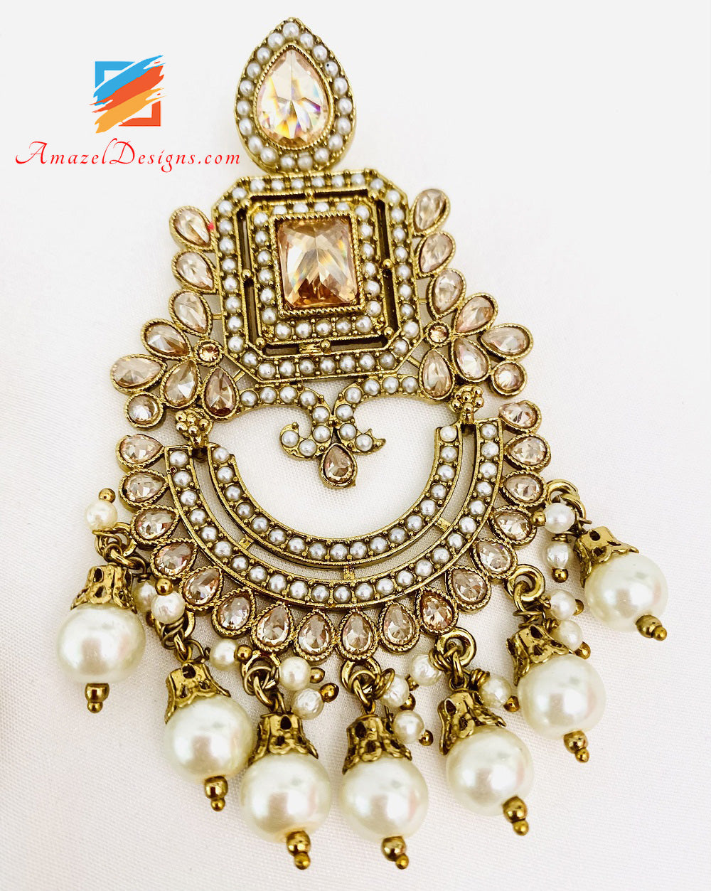 Champagne Polki Earrings Tikka Set