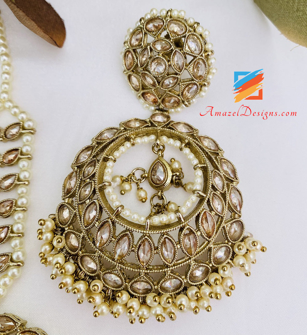 Champagne Polki Earrings Tikka Set