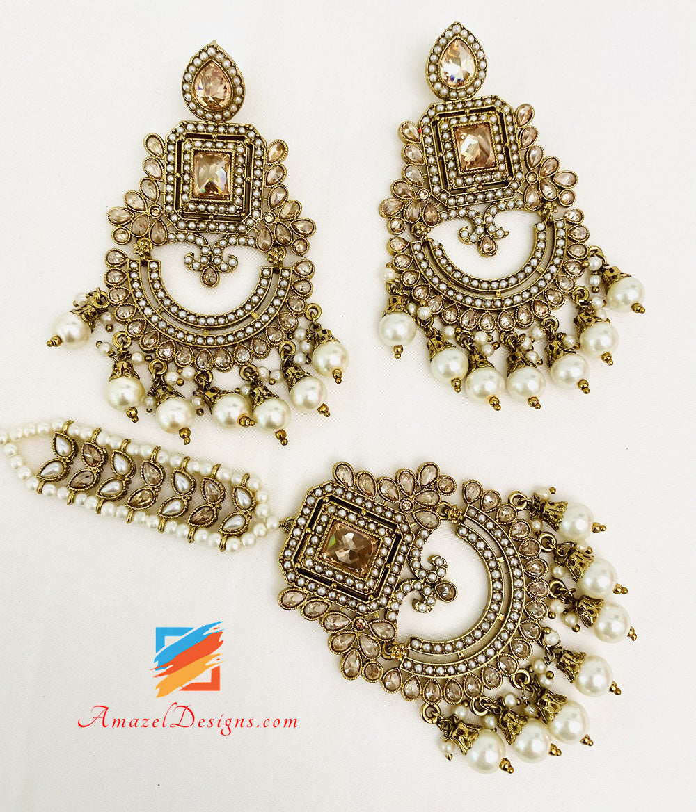 Champagne Polki Earrings Tikka Set