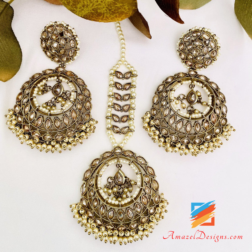 Champagne Polki Earrings Tikka Set