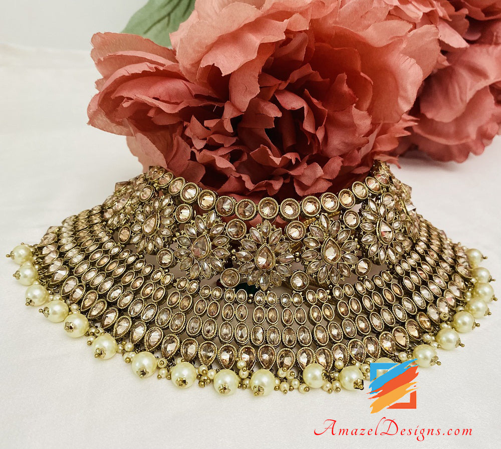 Champagne Polki Flexible Necklace Earrings Tikka Jhumer Set