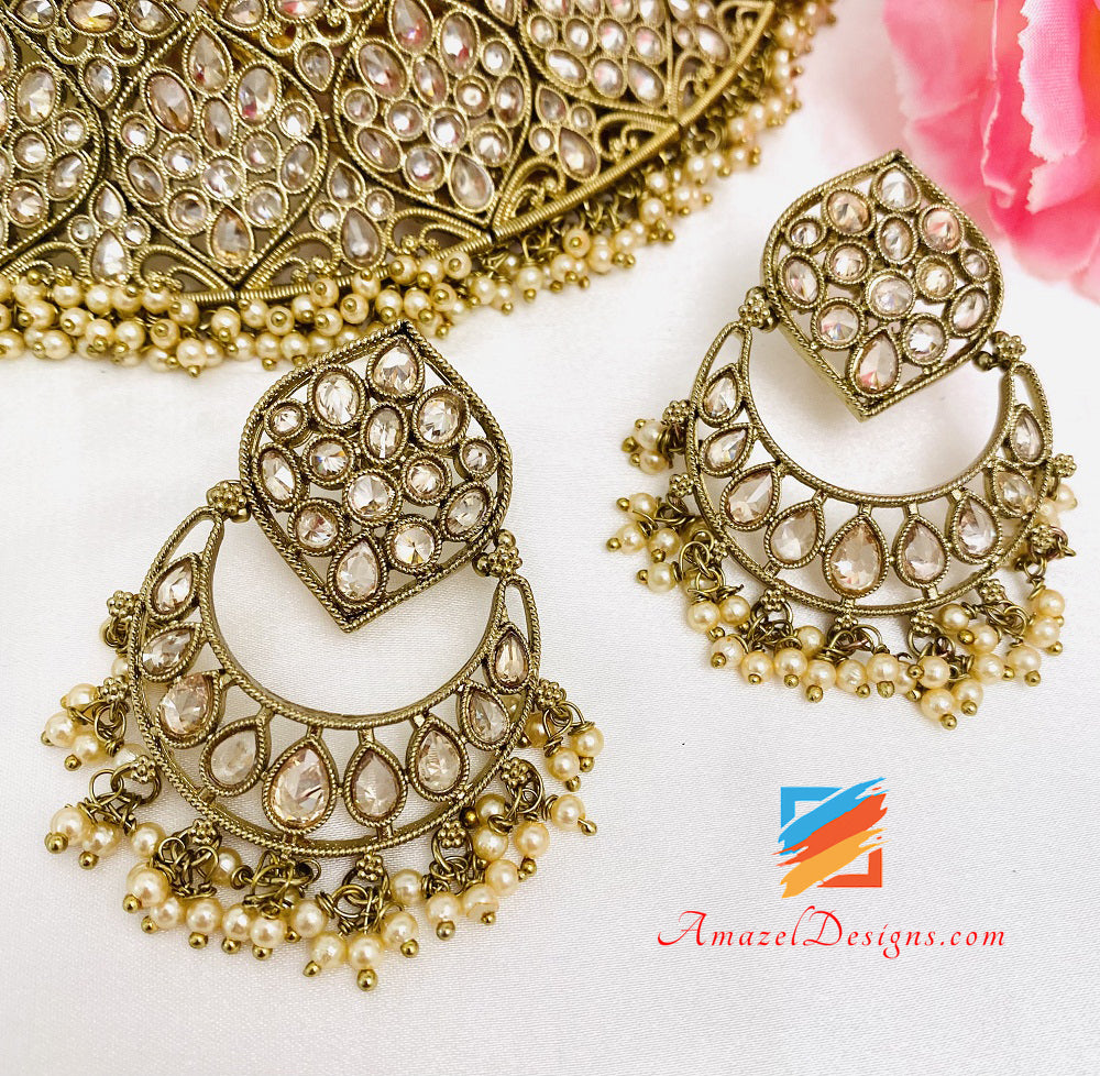 Champagne Polki Flexible Necklace Earrings Tikka Set