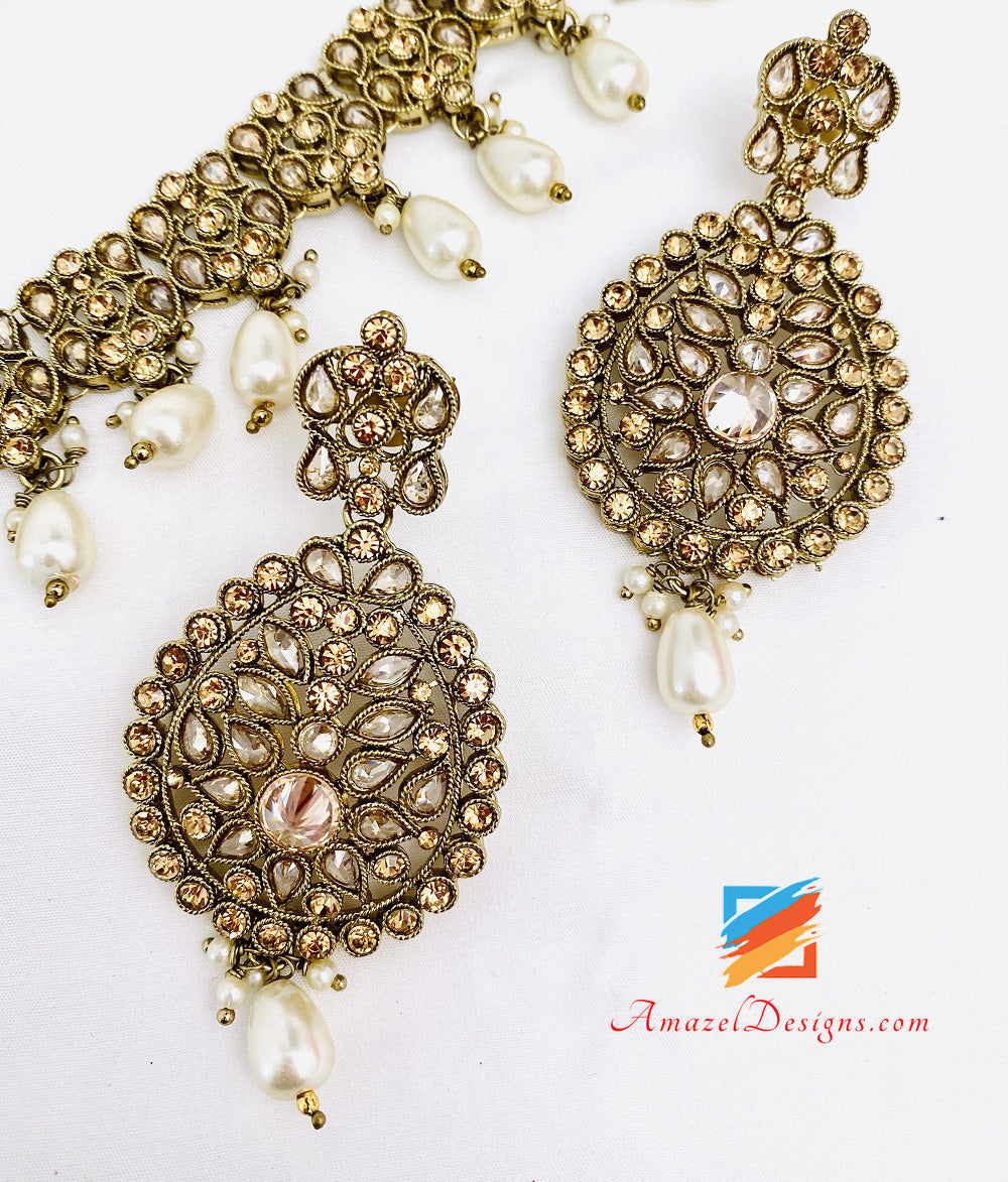 Set di orecchini Tikka con polki lunghi color champagne