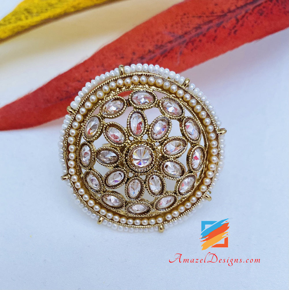 Champagne Polki Medium Adjustable Ring White Pearl Bordering