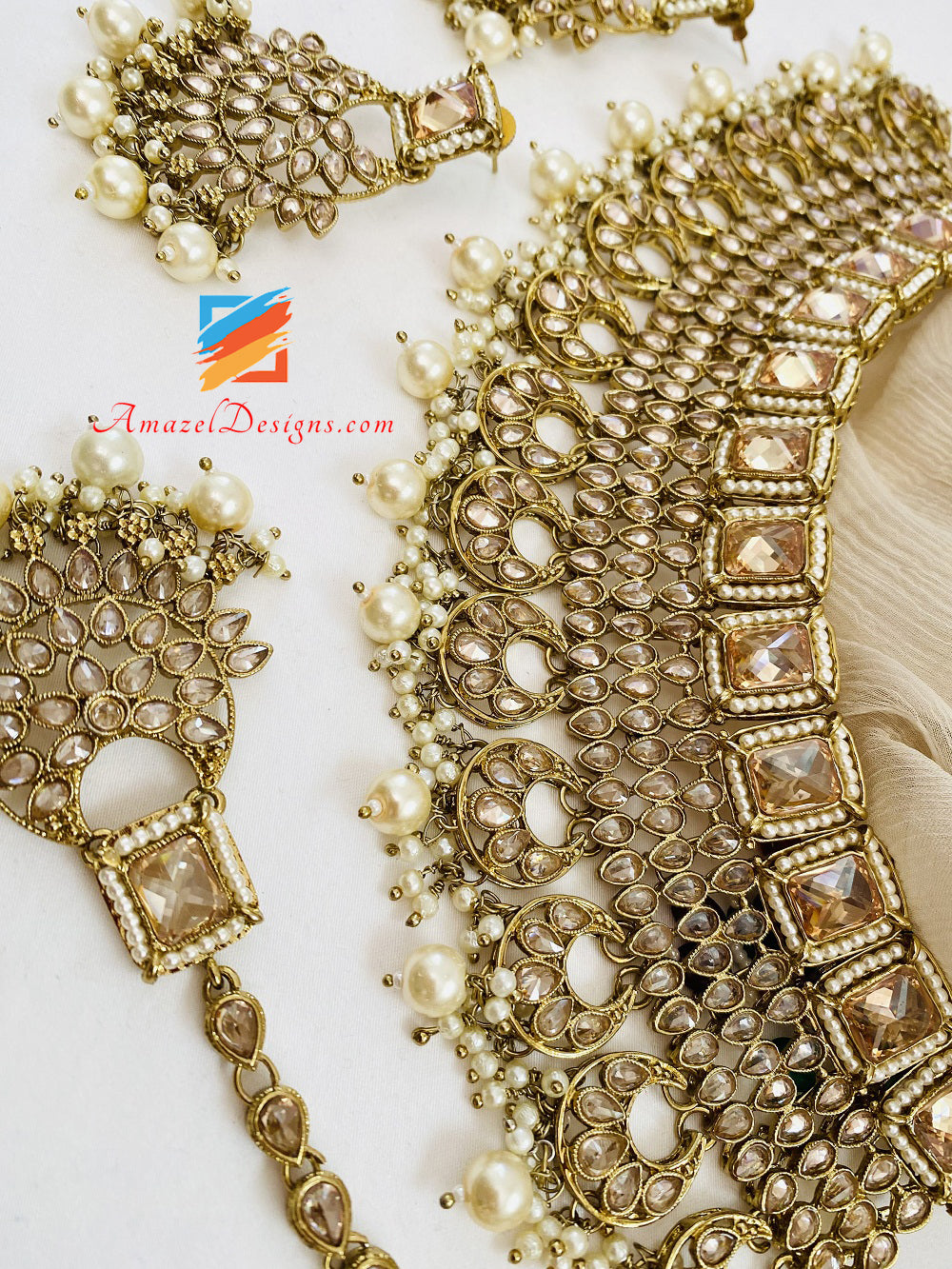Champagner Polki Monalisa Chandbali Choker Halskette Ohrringe Tikka Set