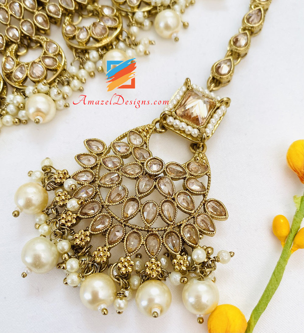 Champagner Polki Monalisa Chandbali Choker Halskette Ohrringe Tikka Set