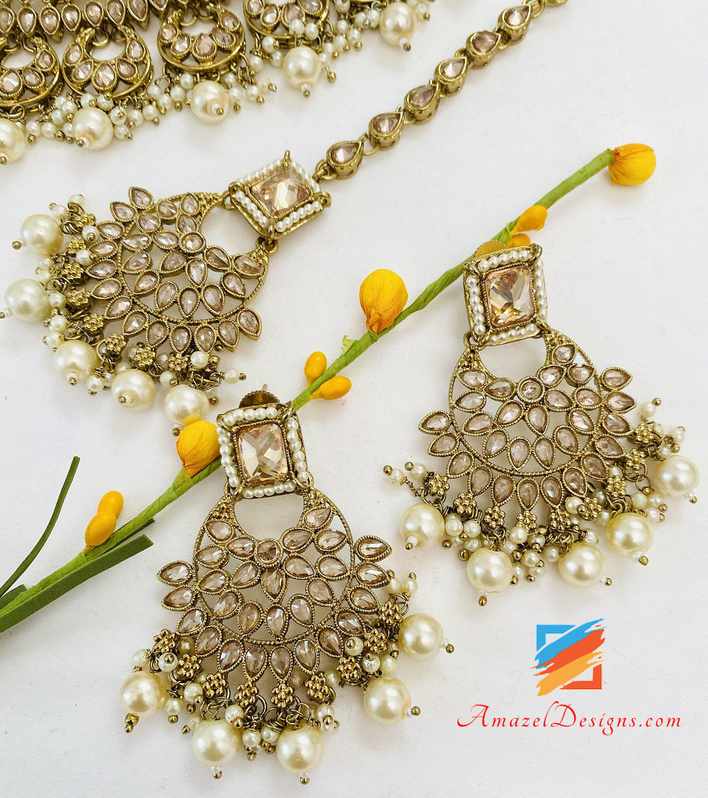 Champagner Polki Monalisa Chandbali Choker Halskette Ohrringe Tikka Set
