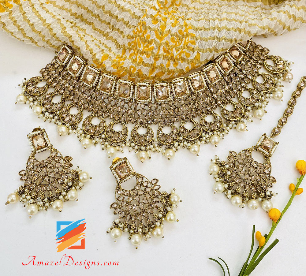 Champagner Polki Monalisa Chandbali Choker Halskette Ohrringe Tikka Set