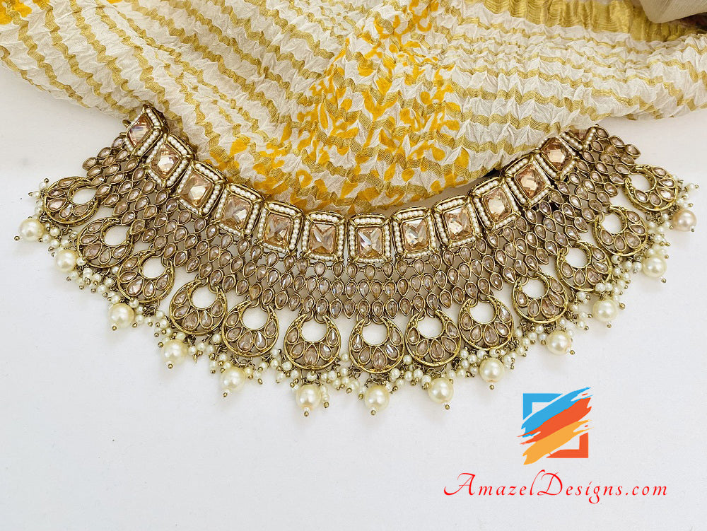 Champagner Polki Monalisa Chandbali Choker Halskette Ohrringe Tikka Set