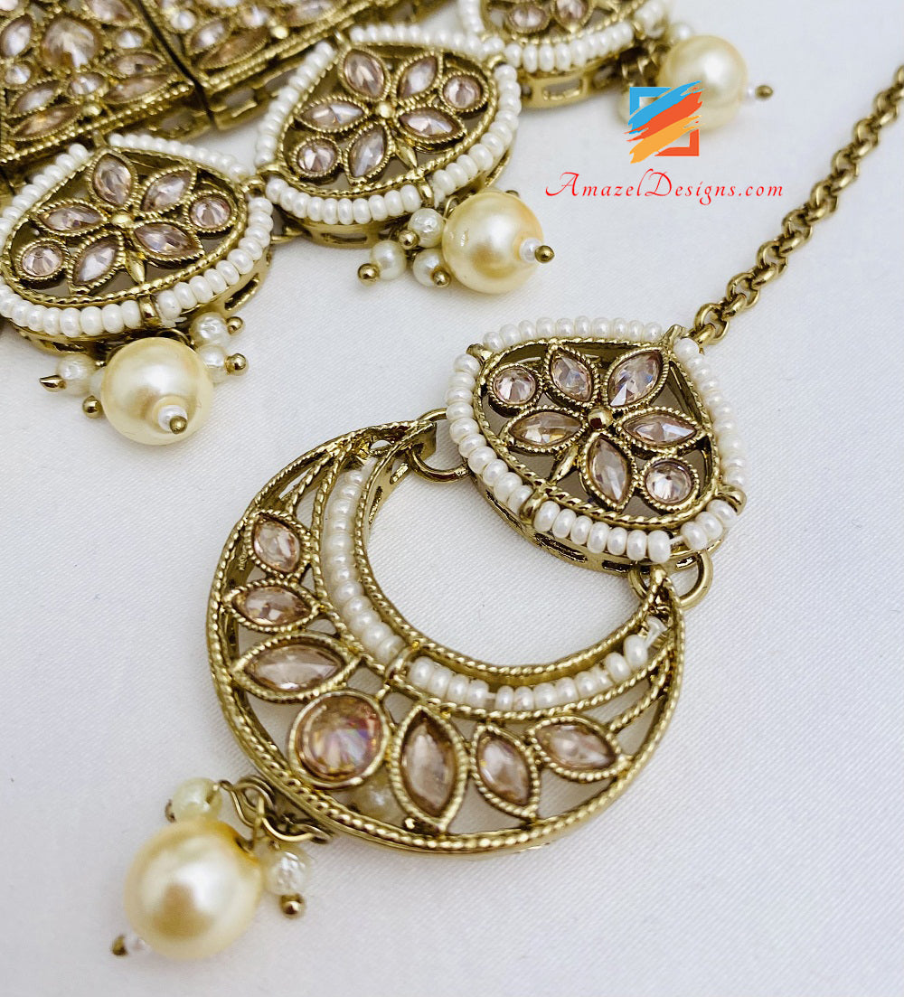 Champagne Polki Necklace Chandbali Jhumki Earrings Tikka Set