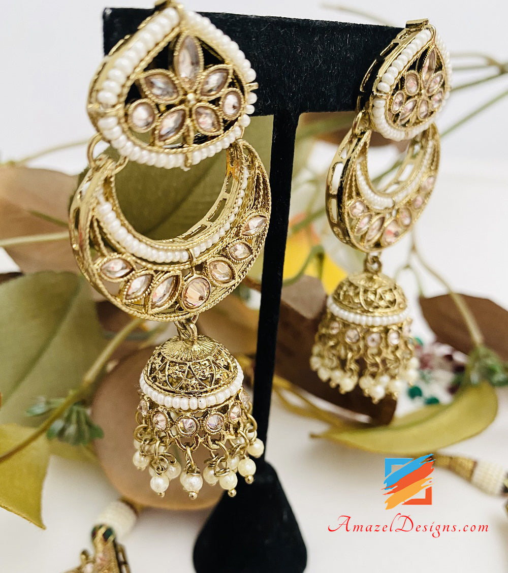 Champagne Polki Necklace Chandbali Jhumki Earrings Tikka Set