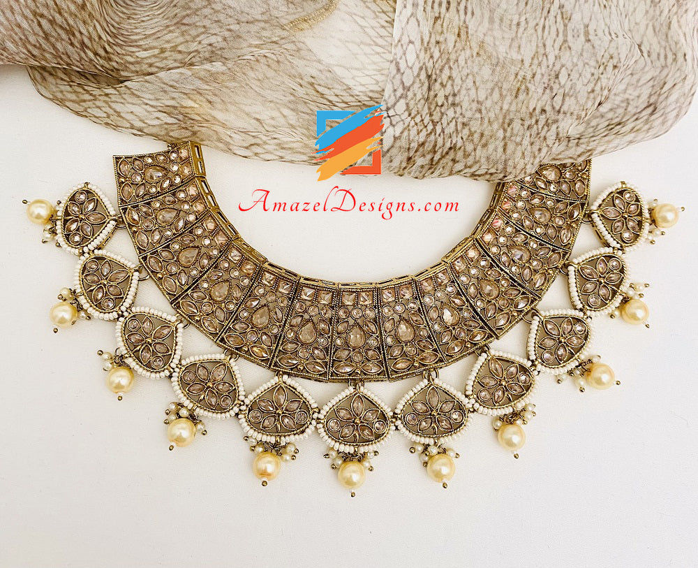 Champagne Polki Necklace Chandbali Jhumki Earrings Tikka Set
