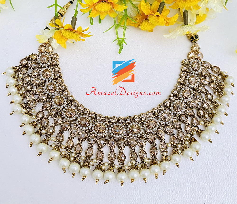 Champagne Polki Necklace Chandbali Jhumki Tikka Set