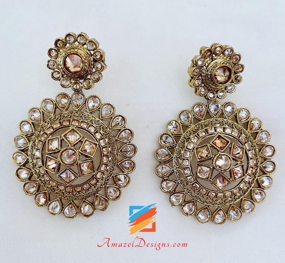 Champagne Polki Collana Orecchini Tikka Set