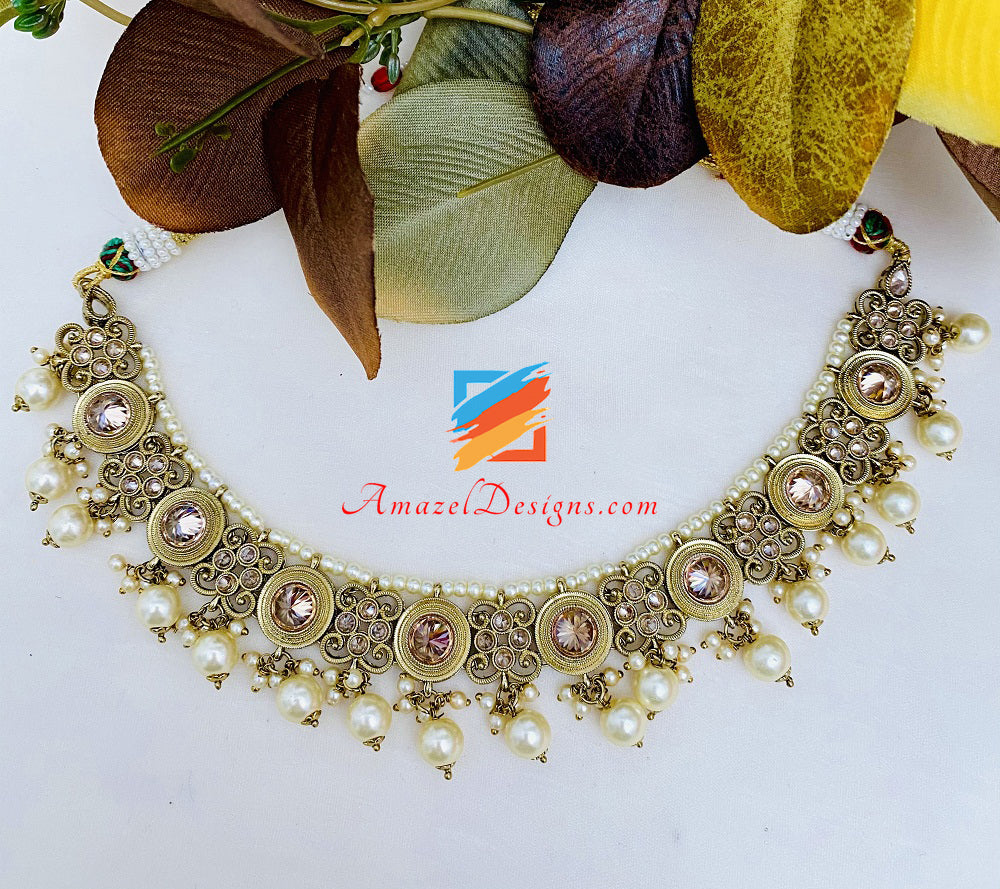 Champagne Polki Necklace Earrings Tikka Set