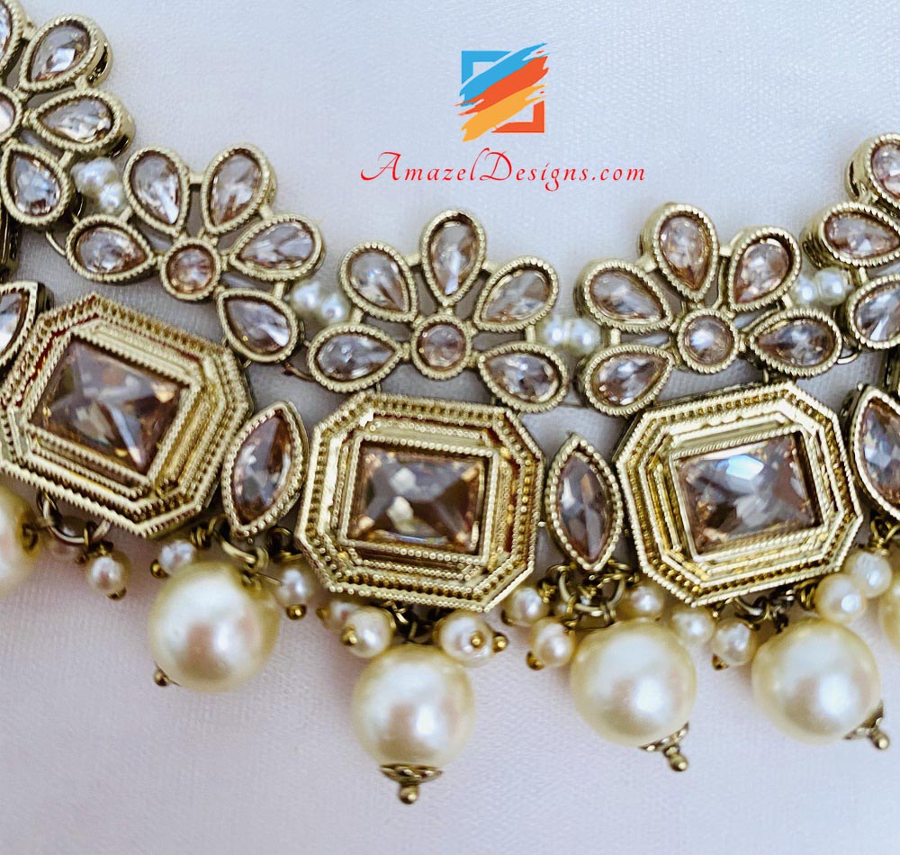 Champagne Polki Necklace Earrings Tikka Set