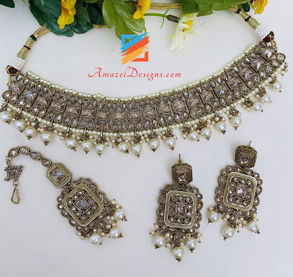 Champagner Polki Halskette Ohrringe Tikka Set