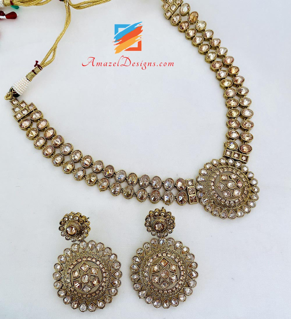 Champagne Polki Collana Orecchini Tikka Set