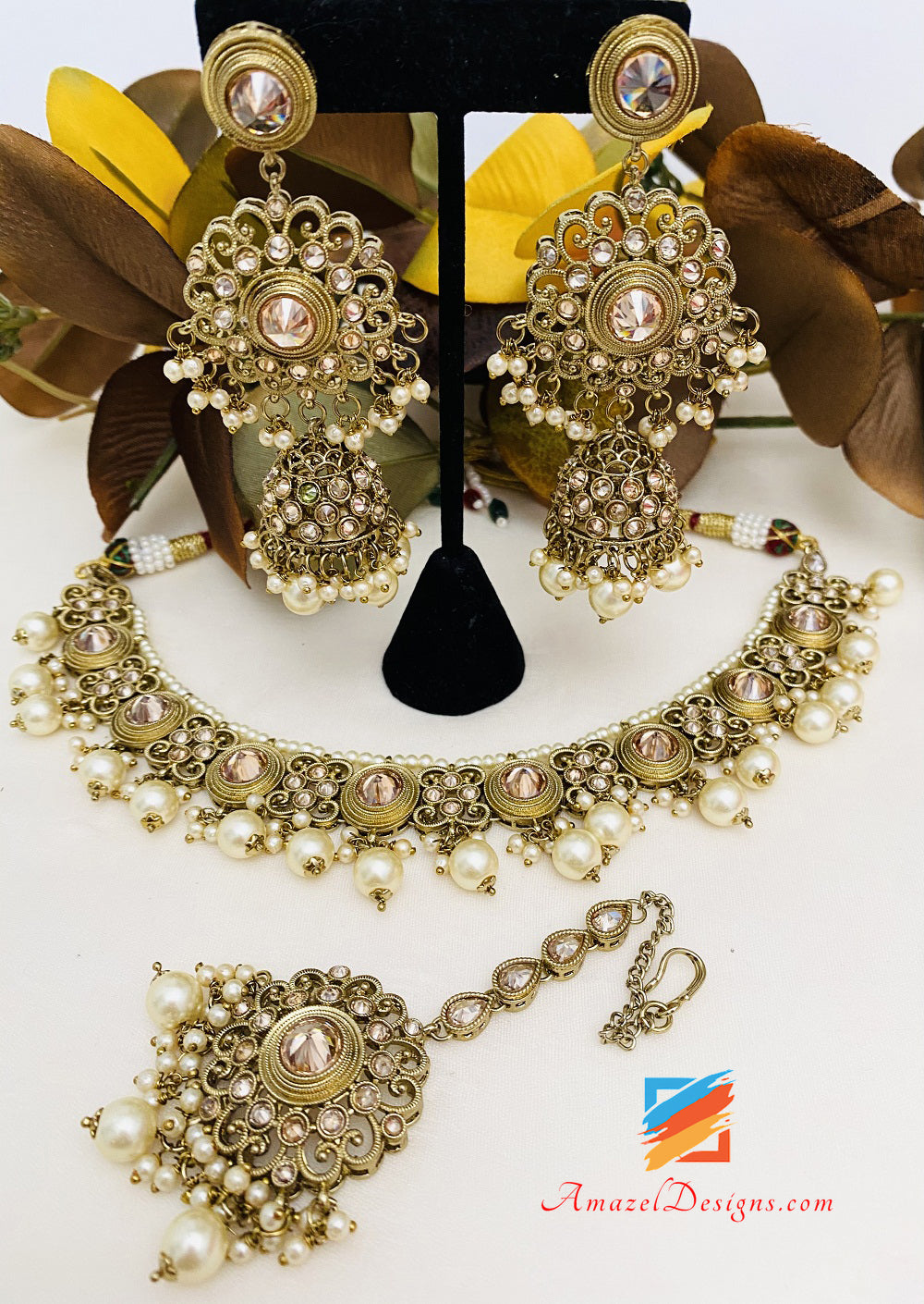 Champagne Polki Necklace Earrings Tikka Set