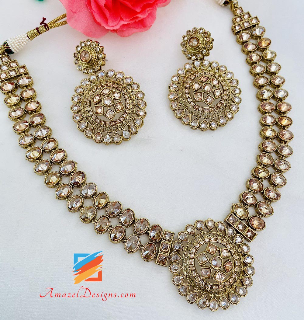 Champagne Polki Collana Orecchini Tikka Set