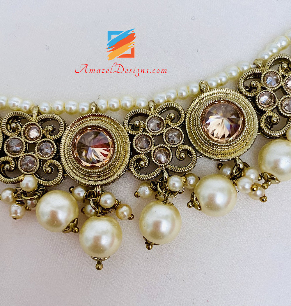Champagne Polki Necklace Earrings Tikka Set