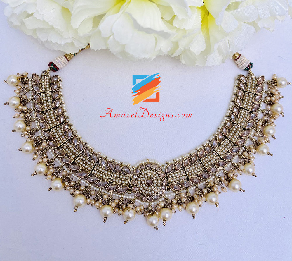 Champagner Polki Halskette Jhumki Ohrringe Tikka Set