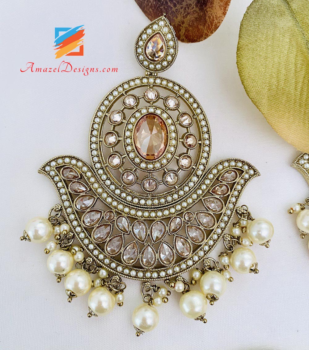 Champagne Polki Oversized Earrings Tikka Set