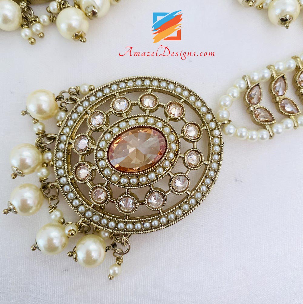 Champagne Polki Oversized Earrings Tikka Set