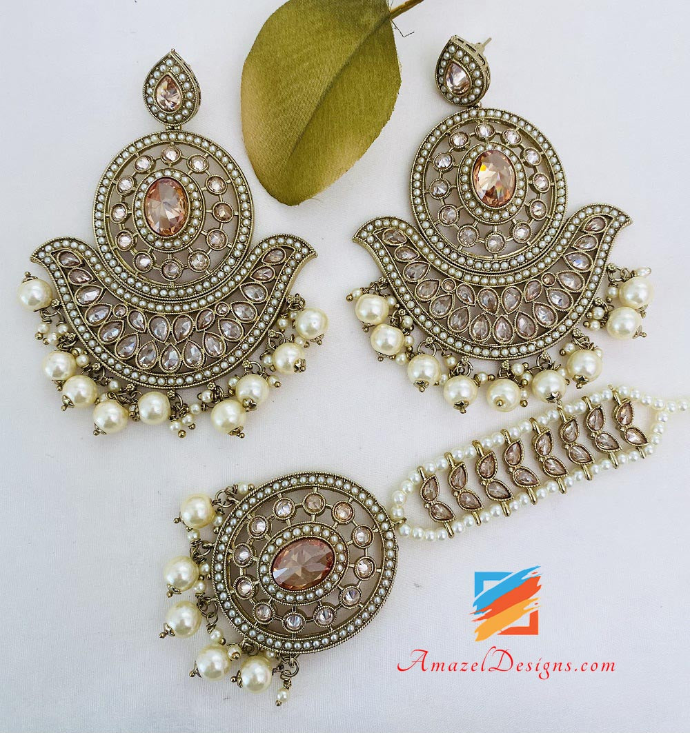 Champagne Polki Oversized Earrings Tikka Set
