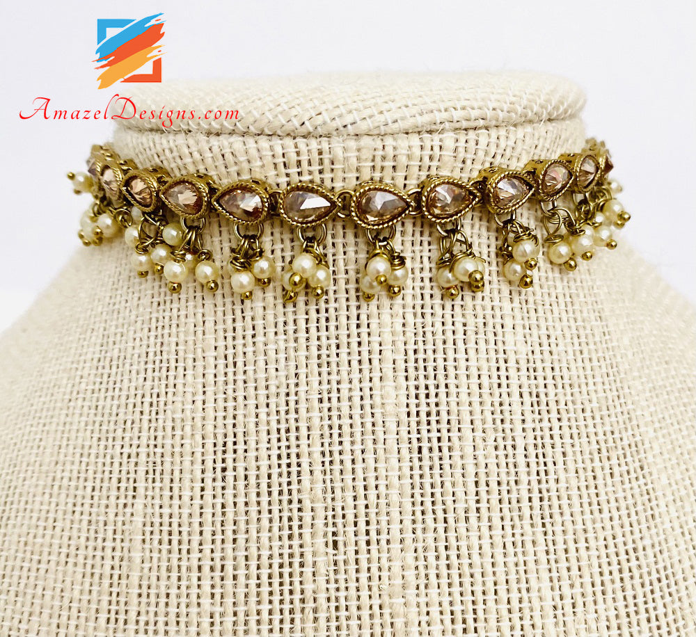 Champagnerfarbene Polki-Halskette mit einreihigen Perlen zum Aufhängen